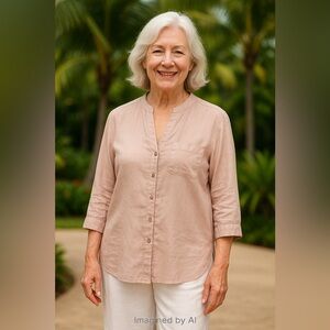 Harve Bénard Washable Linen Pale Mauve Button Front V neck gold buttons Top L